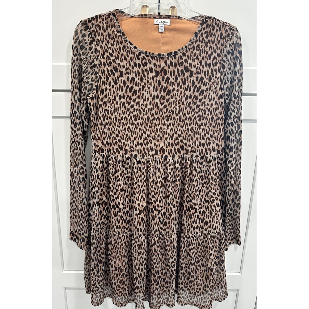 Love Fire Womens Leopard‎ Print Mesh Long Sleeve Tiered Mini Dress Brown  M